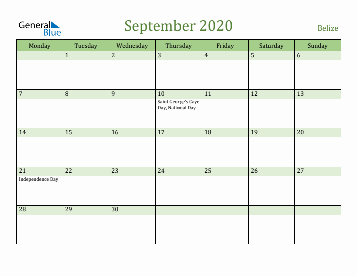 September 2020 Calendar with Belize Holidays