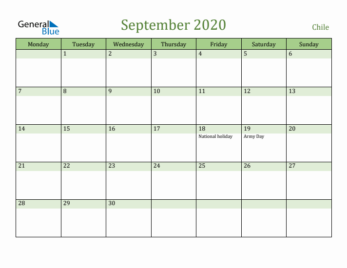 September 2020 Calendar with Chile Holidays