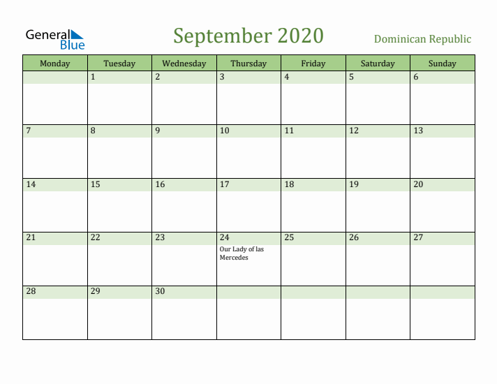September 2020 Calendar with Dominican Republic Holidays