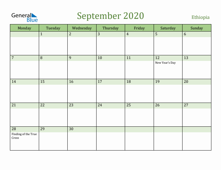 September 2020 Calendar with Ethiopia Holidays