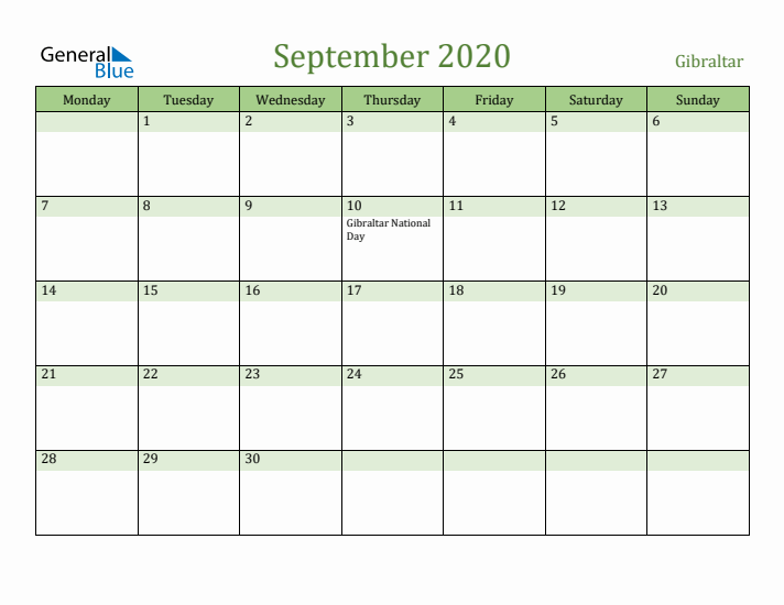 September 2020 Calendar with Gibraltar Holidays