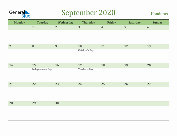 September 2020 Calendar with Honduras Holidays