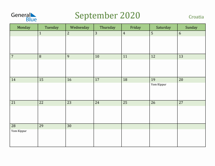 September 2020 Calendar with Croatia Holidays