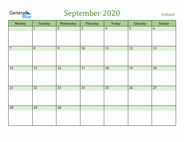 September 2020 Calendar with Iceland Holidays