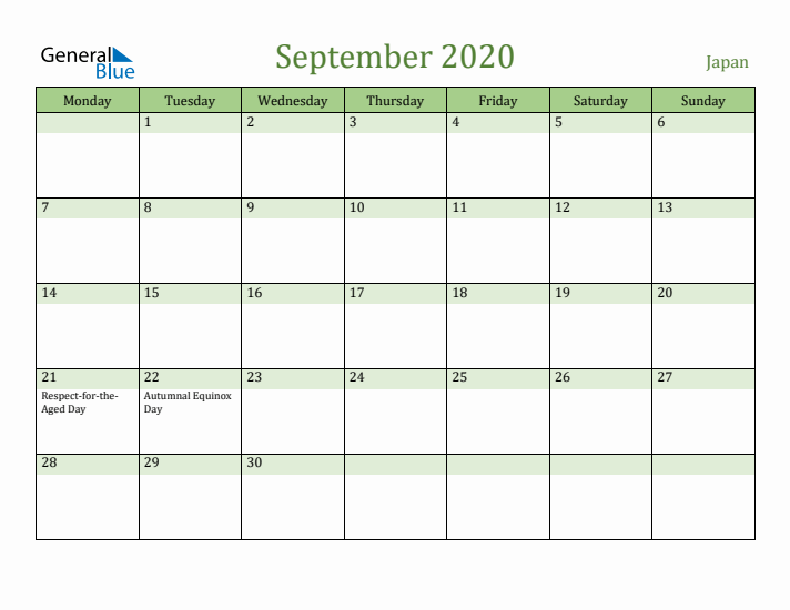 September 2020 Calendar with Japan Holidays
