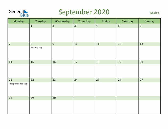 September 2020 Calendar with Malta Holidays