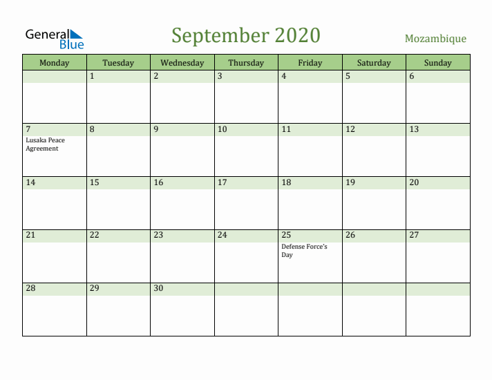 September 2020 Calendar with Mozambique Holidays