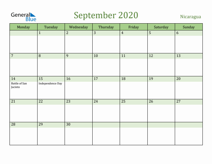 September 2020 Calendar with Nicaragua Holidays