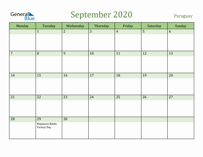 September 2020 Calendar with Paraguay Holidays