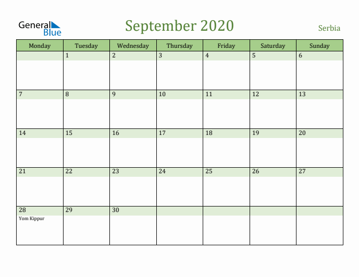 September 2020 Calendar with Serbia Holidays