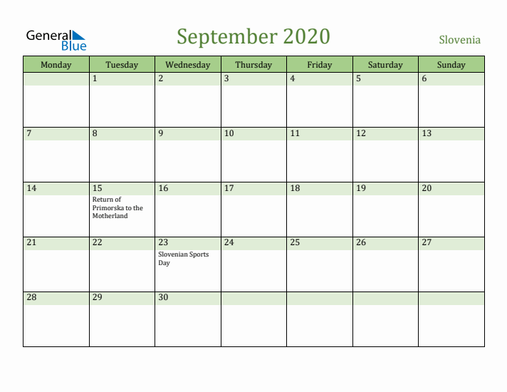 September 2020 Calendar with Slovenia Holidays
