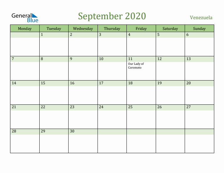 September 2020 Calendar with Venezuela Holidays