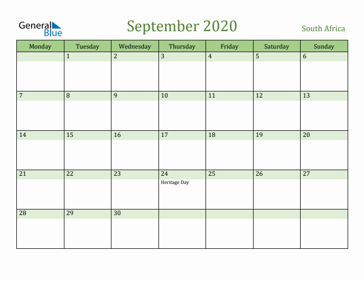 September 2020 Calendar with South Africa Holidays
