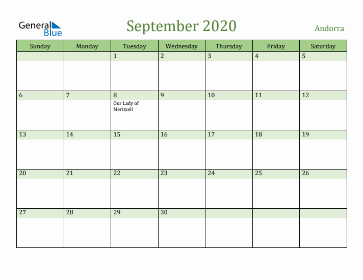 September 2020 Calendar with Andorra Holidays