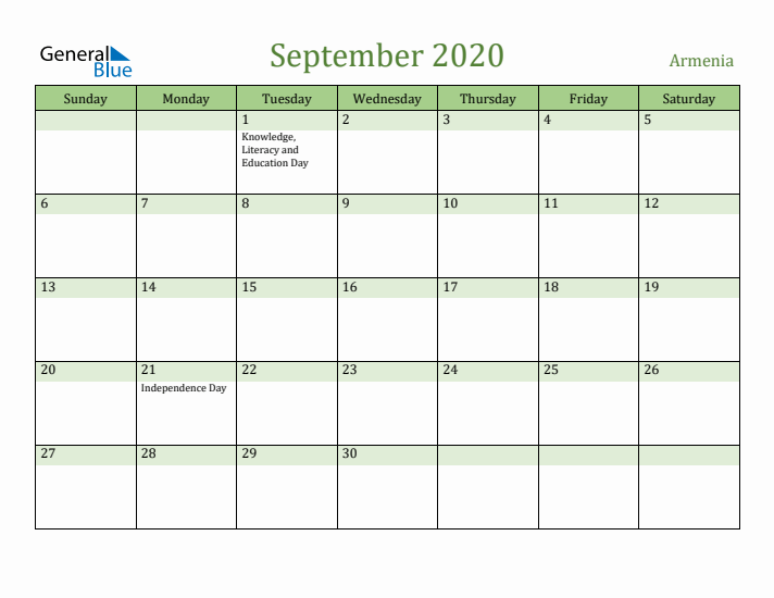 September 2020 Calendar with Armenia Holidays