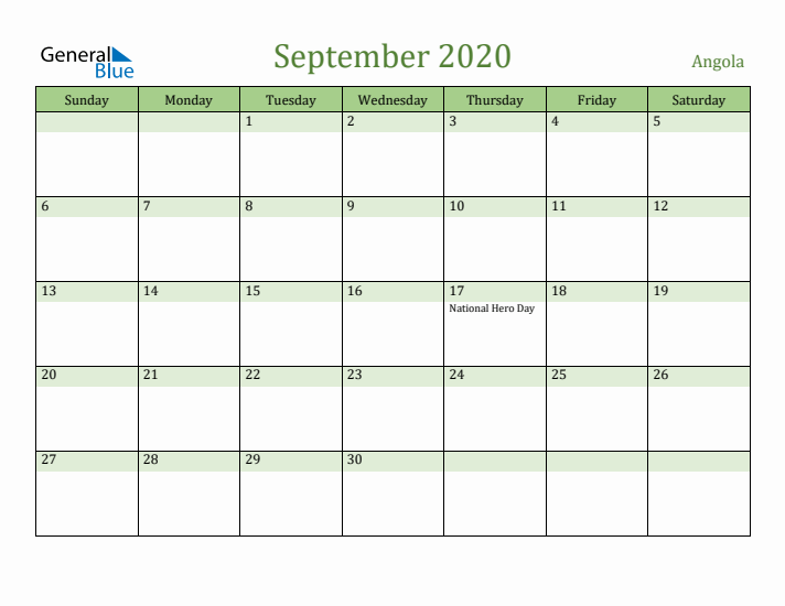 September 2020 Calendar with Angola Holidays