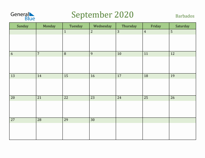 September 2020 Calendar with Barbados Holidays
