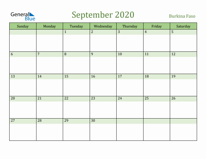 September 2020 Calendar with Burkina Faso Holidays