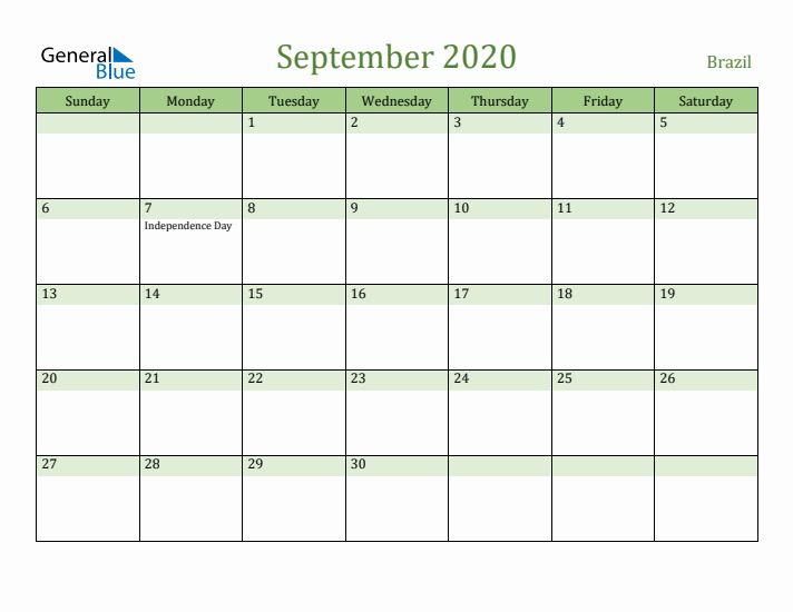 September 2020 Calendar with Brazil Holidays
