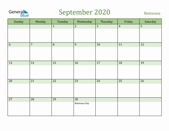 September 2020 Calendar with Botswana Holidays