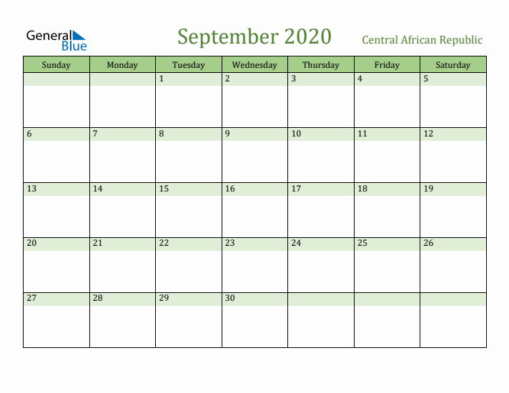 September 2020 Calendar with Central African Republic Holidays