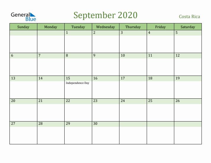 September 2020 Calendar with Costa Rica Holidays