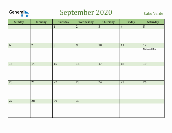 September 2020 Calendar with Cabo Verde Holidays