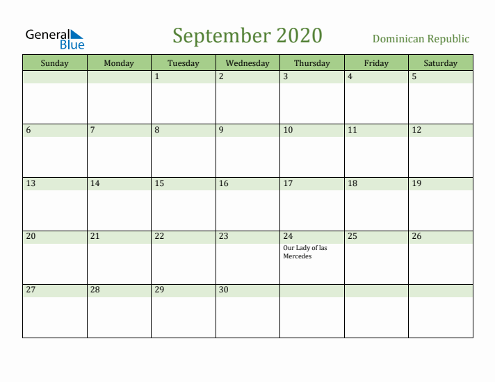 September 2020 Calendar with Dominican Republic Holidays