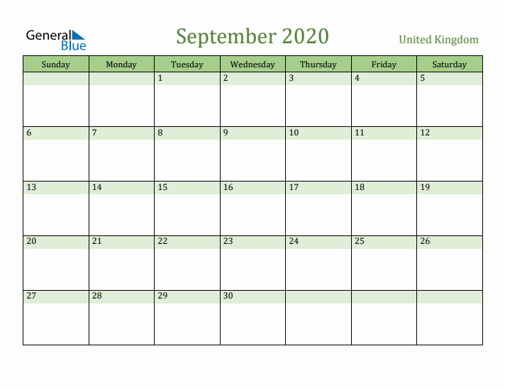 September 2020 Calendar with United Kingdom Holidays