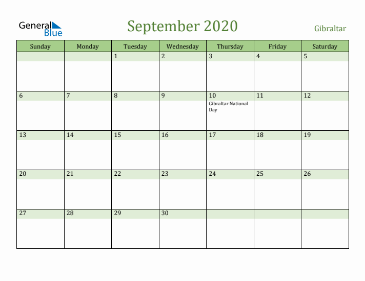 September 2020 Calendar with Gibraltar Holidays