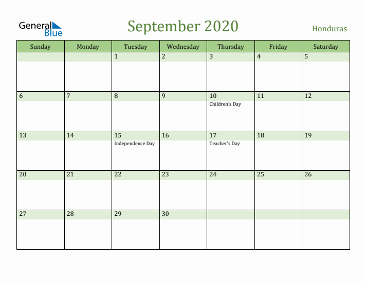 September 2020 Calendar with Honduras Holidays