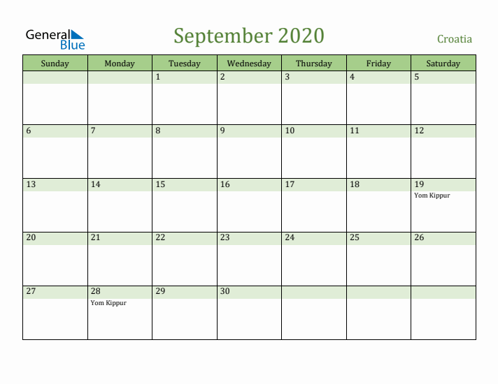 September 2020 Calendar with Croatia Holidays