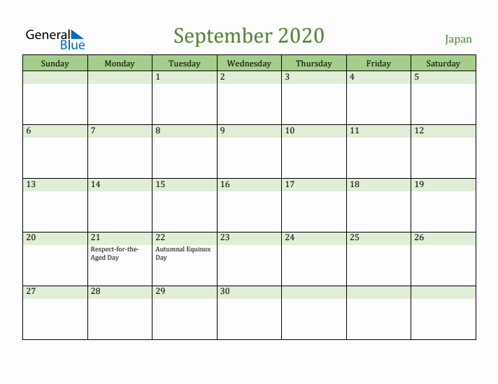 September 2020 Calendar with Japan Holidays