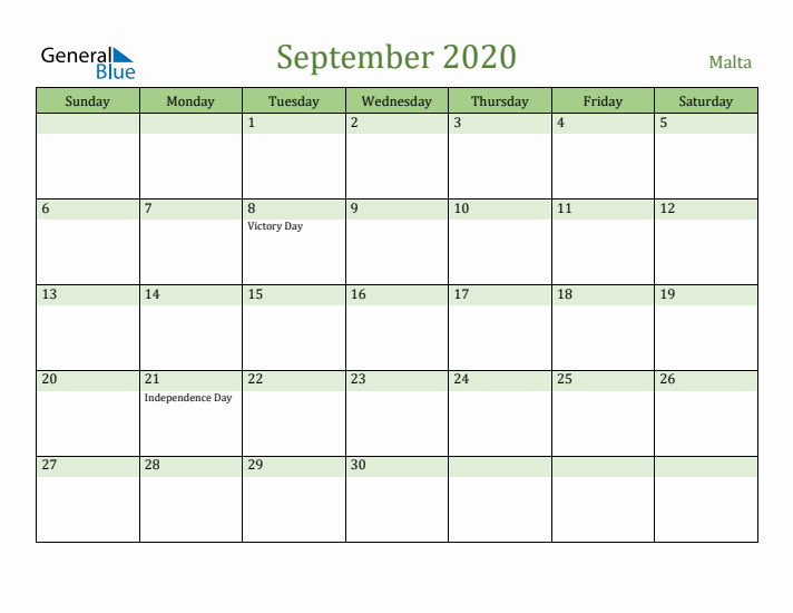 September 2020 Calendar with Malta Holidays