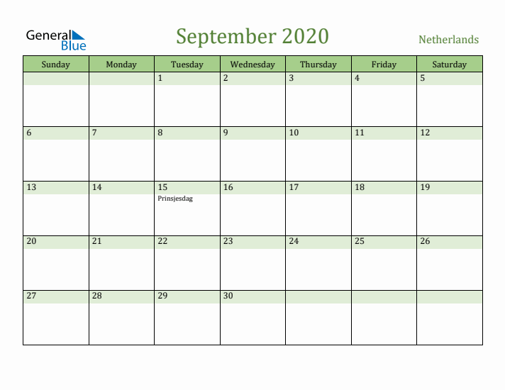 September 2020 Calendar with The Netherlands Holidays