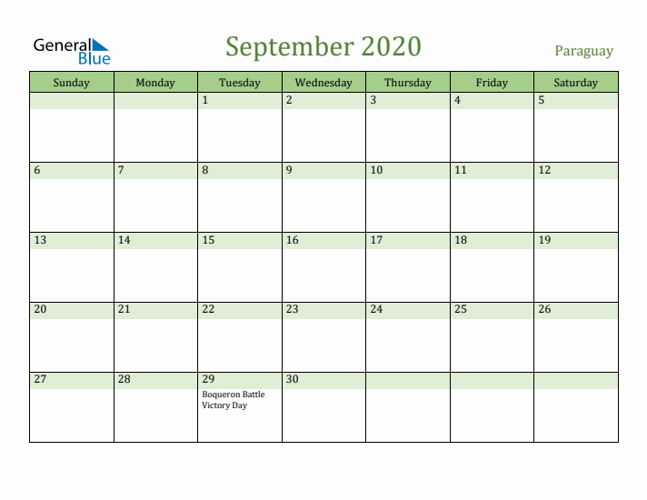 September 2020 Calendar with Paraguay Holidays