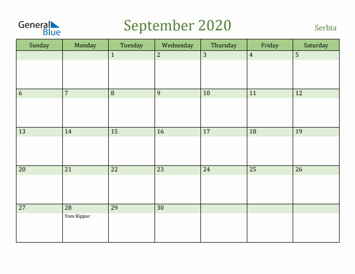 September 2020 Calendar with Serbia Holidays