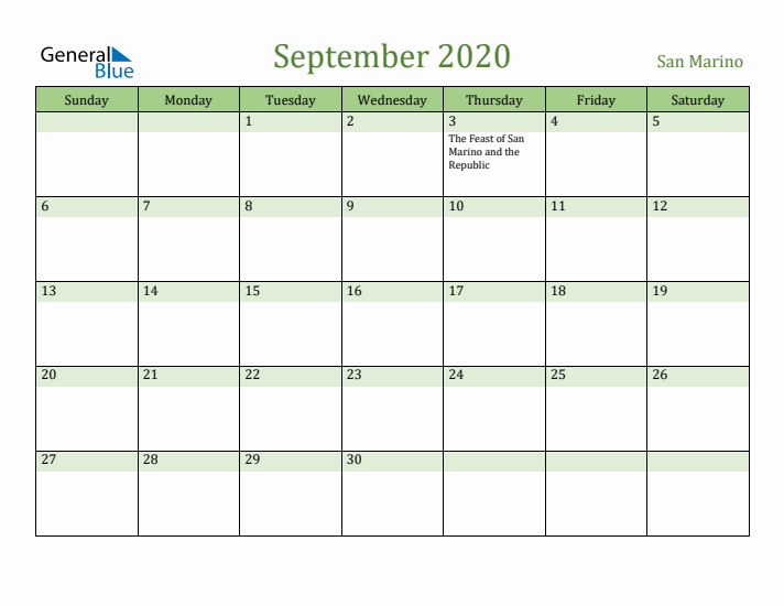 September 2020 Calendar with San Marino Holidays