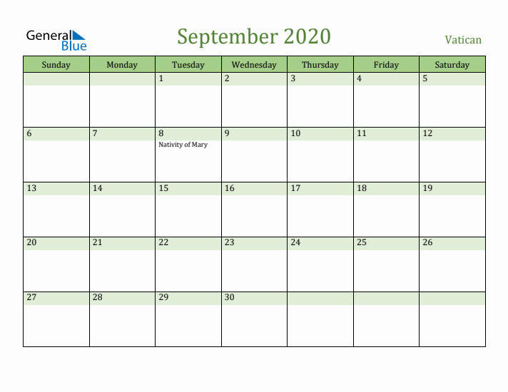 September 2020 Calendar with Vatican Holidays