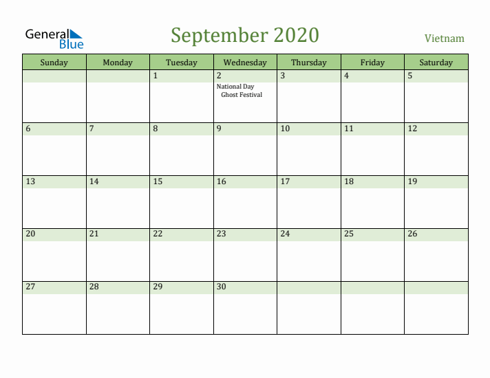 September 2020 Calendar with Vietnam Holidays