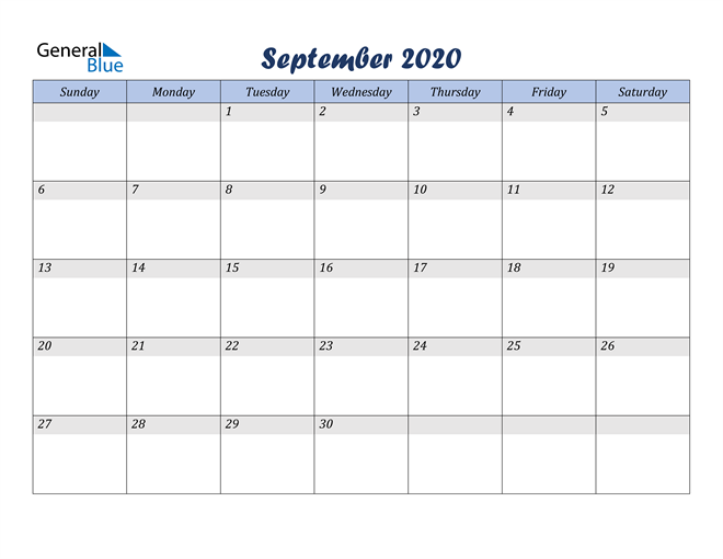  September 2020 Blue Calendar