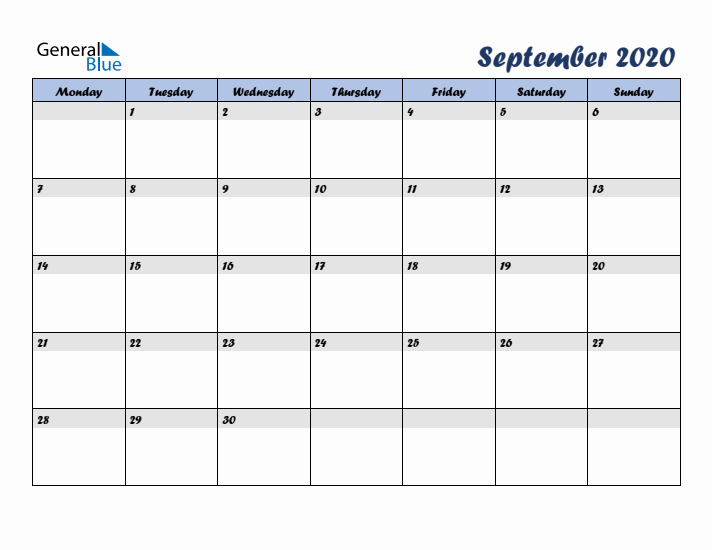 September 2020 Blue Calendar (Monday Start)