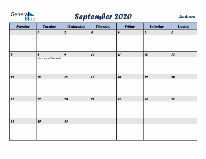 September 2020 Calendar with Holidays in Andorra