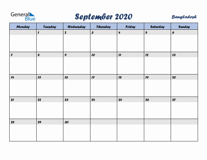 September 2020 Calendar with Holidays in Bangladesh