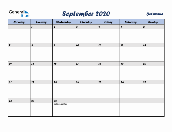 September 2020 Calendar with Holidays in Botswana