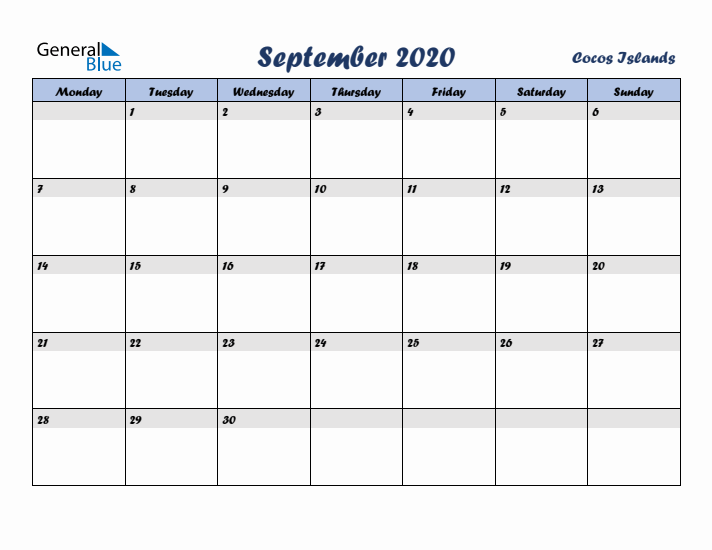 September 2020 Calendar with Holidays in Cocos Islands