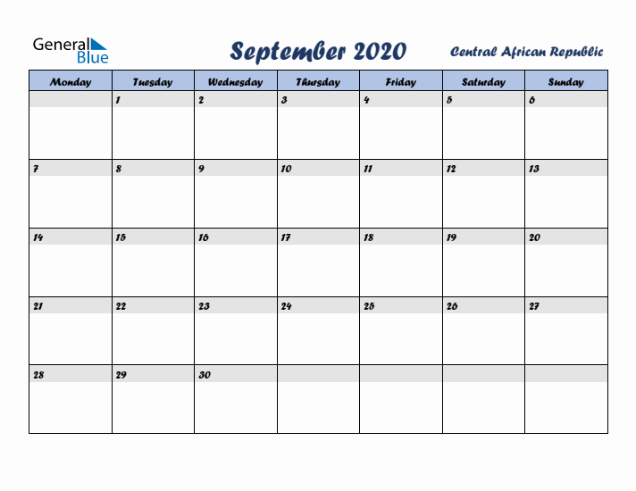 September 2020 Calendar with Holidays in Central African Republic