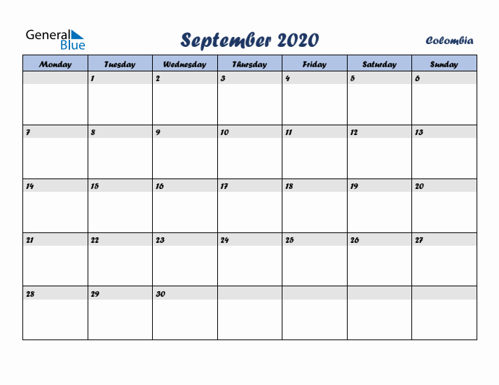 September 2020 Calendar with Holidays in Colombia