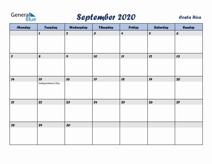 September 2020 Calendar with Holidays in Costa Rica
