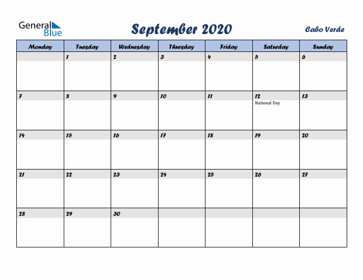 September 2020 Calendar with Holidays in Cabo Verde